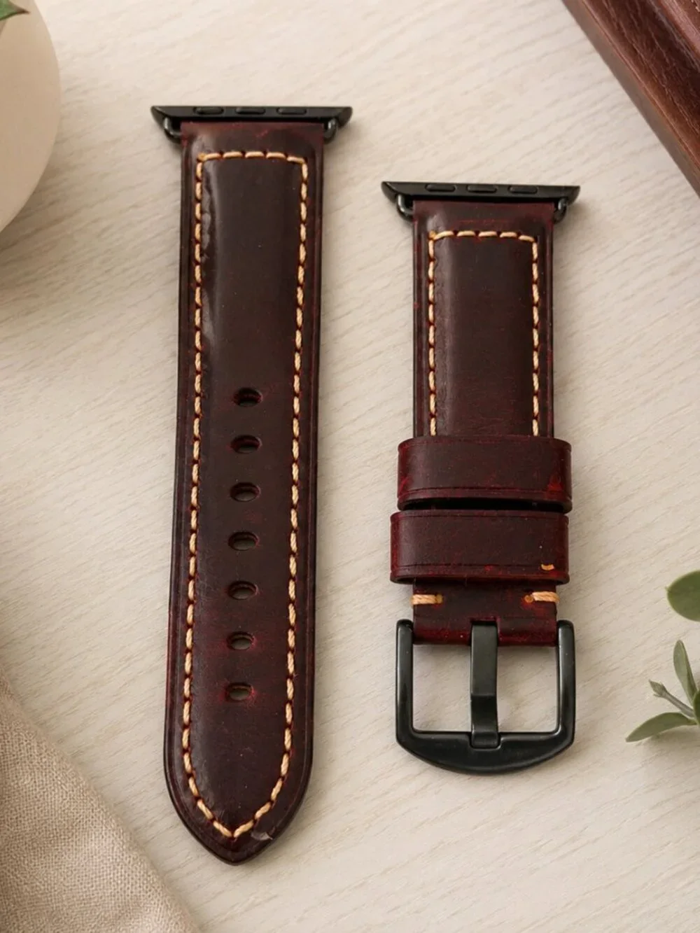 Genuine Leather Apple Watch Band 24 Brown Distressed Strap Black Hardware